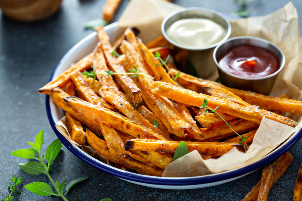 Sweet Potato Fries With Mayo and Ketchup Homemade Roasted in the Oven