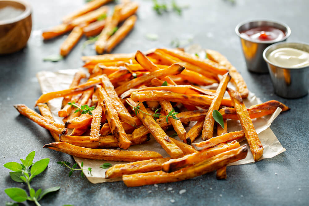 Sweet Potato Fries With Mayo and Ketchup Homemade Roasted in the Oven