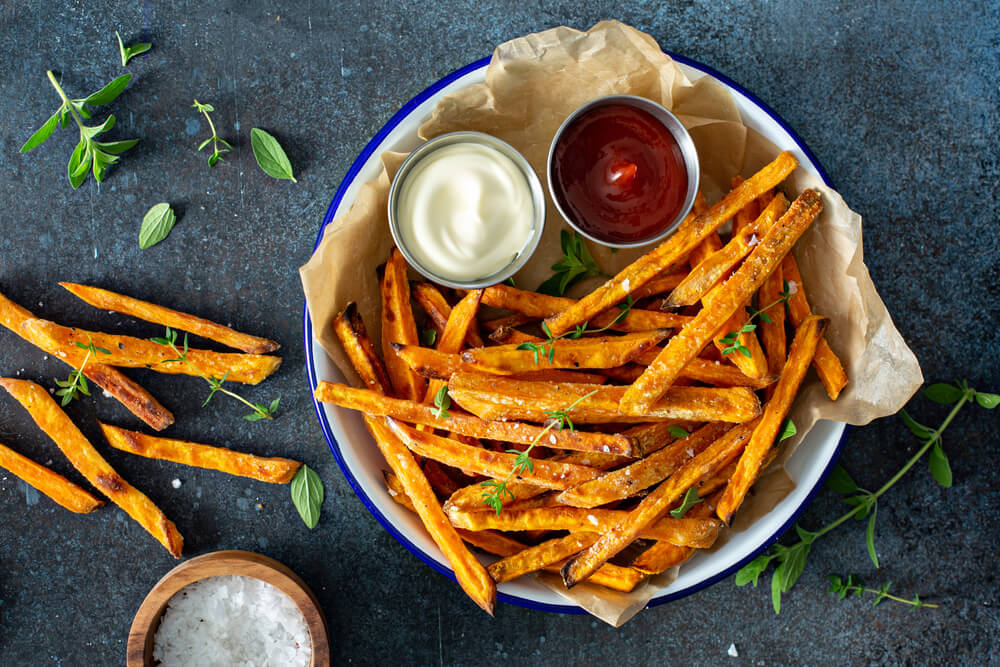 Sweet Potato Fries With Mayo and Ketchup, Homemade Roasted in the Oven