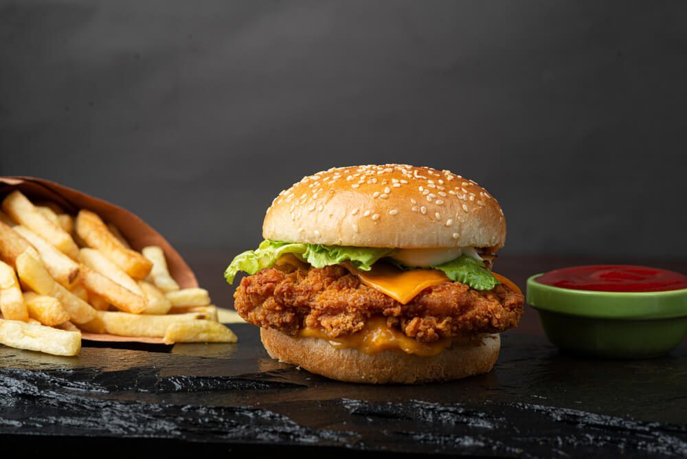 Crispy Cheesy Chicken Patty Burger With Fries and Dips Meal