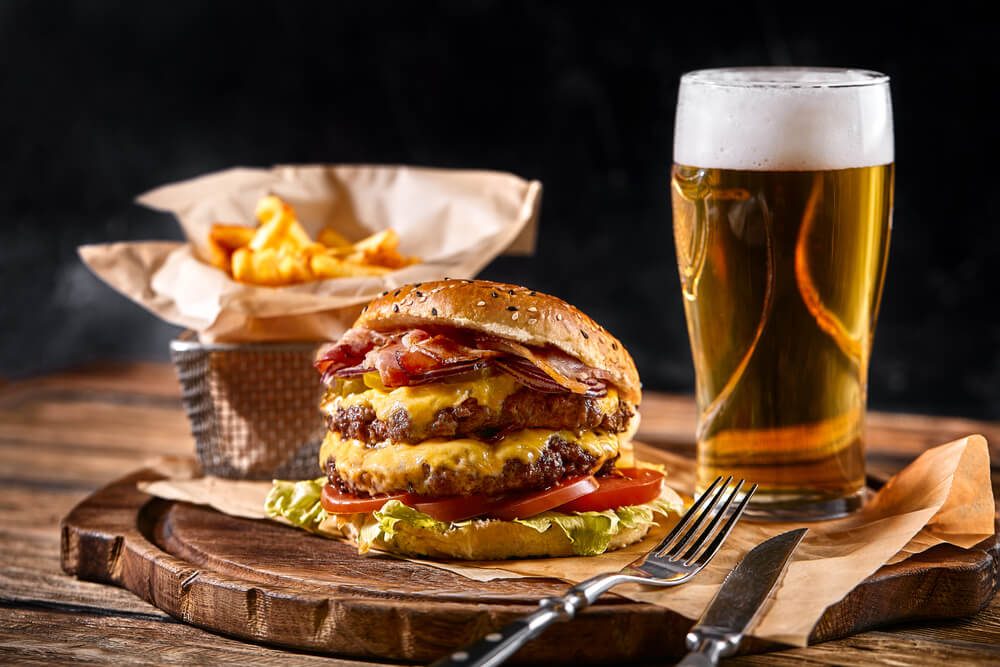Set of Hamburger Beer and French Fries. A Standard Set of Drinks and Food in the Pub, Beer and Snacks
